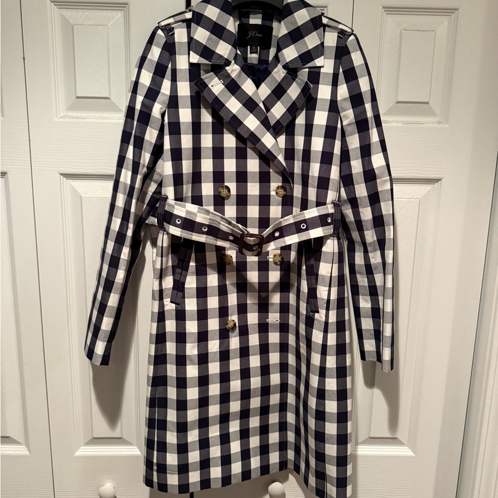 J. Crew Navy and White Checkered Women's Trench Coat